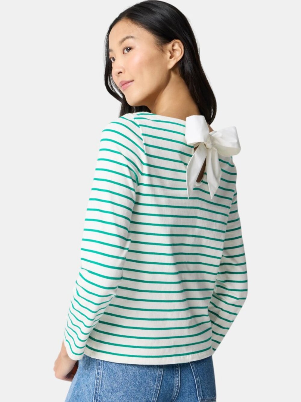 NWT J.CREW STRIPED BOW-BACK TOP GREEN WHITE LONG SLEEVE SIZE XL
